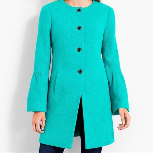 Talbots | Turquoise Wool Blend Flounce Sleeve Jacket - Picture 4 of 14